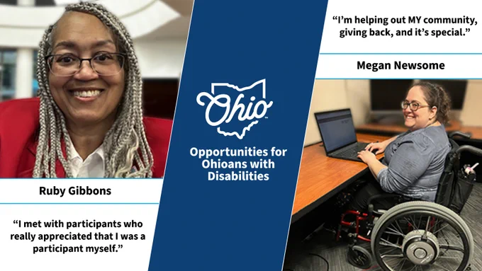Left: Ruby Gibbons. Text, "Ruby Gibbons. I met with participants who really appreciated that I was a participant myself." Right: Megan Newsome. Text, "I'm helping out MY community, giving back, and it's special. Megan Newsome." OOD logo.