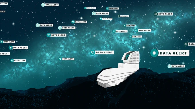 
Star-filled teal night sky with turquoise glowing band, scattered “DATA ALERT” tags, and a white icon of the Rubin Observatory atop dark mountains.
This artist’s illustration represents the start of the alert stream from NSF–DOE Vera C. Rubin Observatory. The summit facility is shown on a rocky ridge. The night sky features stars and the glittering band of the Milky Way Galaxy. The sky is populated with multiple alert “pings,” representing individual alerts from Rubin that something in the sky has changed in brightness or position. Different icons represent various types of alerts, including asteroids, supernovae, active galactic nuclei, and variable stars. (NSF–DOE Vera C. Rubin Observatory/NOIRLab/SLAC/AURA/P. Marenfeld/J. Pinto)