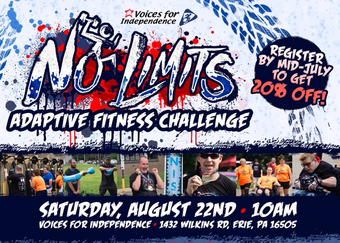 This image shows the VFI No Limits logo in the top left, in red, white, and blue. The background has various hues of red and blue splattered roughly about, in paint-style patterns, with faded blue tire treads. At right, "Register by mid-July to get 20% off!" appears in white and red atop a blue circle. 6 different photos appear in a horizontal band underneath, showcasing individuals participating and celebrating during last year's event. Event details appear at bottom in white, atop a dark blue footer.
