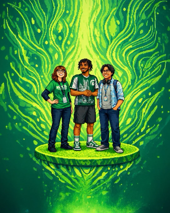 Pixel art style image of three smiling young adults standing together. All are on a circular platform against a green background.