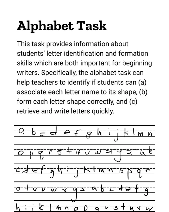 Alphabet Task
This task provides information about students’ letter identification and formation skills which are both important for beginning writers. Specifically, the alphabet task can help teachers to identify if students can (a) associate each letter name to its shape, (b) form each letter shape correctly, and (c) retrieve and write letters quickly.