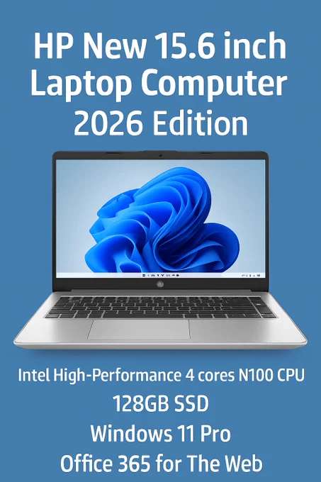 HP New 15.6 inch Laptop Computer, 2026 Edition, Intel High-Performance 4 cores N100 CPU, 128GB SSD, Windows 11 Pro with Office 365 for The Web