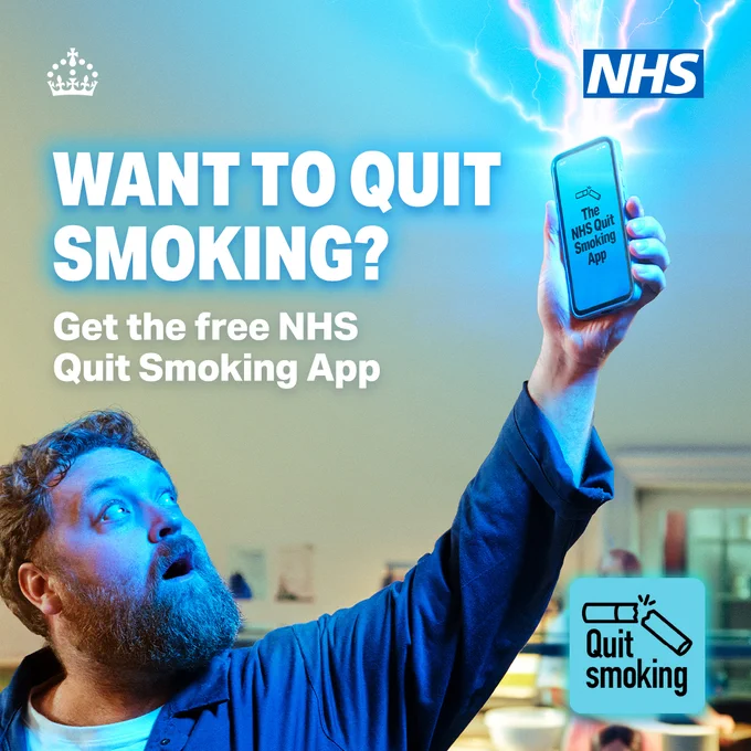 Want to quit smoking? Get the free NHS Quit Smoking App. A man is shown holding a phone displaying the NHS Quit Smoking App.