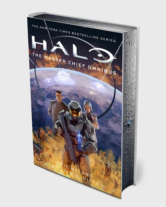 Cover art of Halo: The Master Chief Omnibus depicting the Master Chief, Cortana, Captain Keyes, Dr. Halsey, Reach, Alpha Halo, and Flood infection forms.