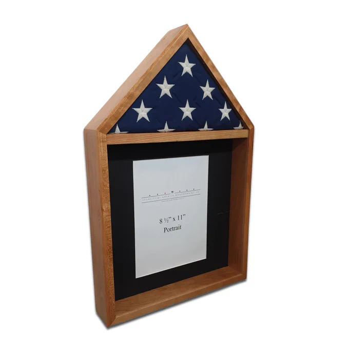 Cherry Flag and Certificate Display Case handcrafted from solid cherry hardwood by U.S. Veterans. Displays a 3x5 American flag above a full-size certificate or photo. American Made – Veteran Built.