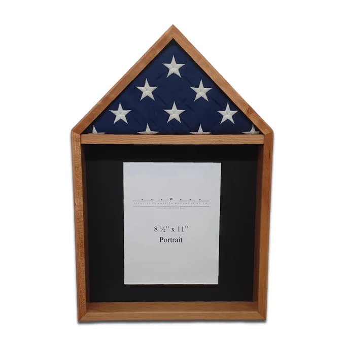Cherry hardwood display case holding a neatly folded 3x5 American flag with space for a certificate below — a handcrafted military tribute.