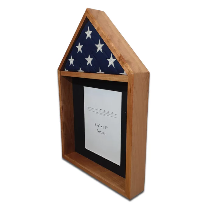 Angled view of the Cherry Flag and Certificate Display Case highlighting the depth, craftsmanship, and natural cherry finish.