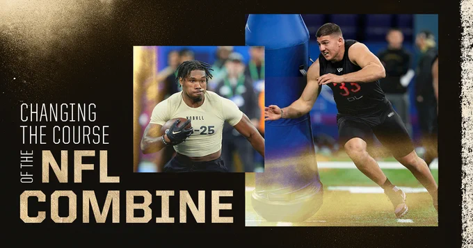 Two athletes are featured at the NFL Combine. On the left, an athlete is running with a football. On the right, another athlete is performing a drill with a tackling dummy. Text reads, "Changing the course of the NFL Combine." The background is a gradient of black and gold.