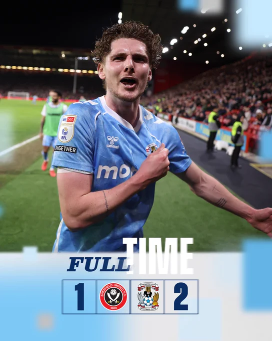 Full-time: Sheffield United 1-2 Coventry City.