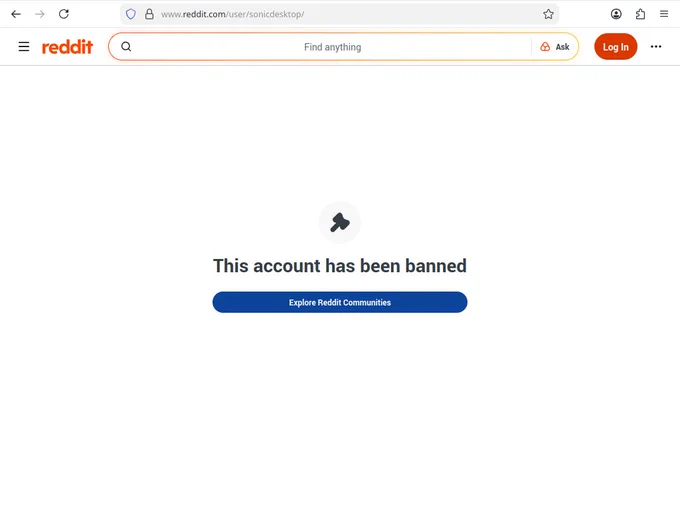 A screenshot of our official Reddit user, reddit.com/user/sonicdesktop, that was banned by Reddit.