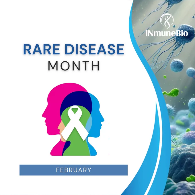 Graphic recognizing Rare Disease Month in February, featuring overlapping human silhouettes, a white awareness ribbon, and the INmune Bio logo, representing rare genetic diseases, RDEB, and biotech research.