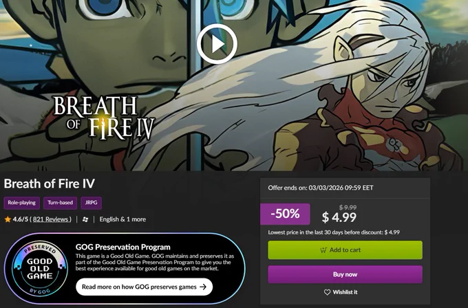 Breath of Fire IV PC GOG store page. Half-off $4.99 USD until 3/3/2026 09:59 EET