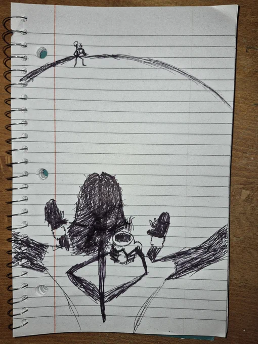 Extremely rough sketch on lined paper in a ringed notebook. Two stick figures sitting across a massive circular void each sipping from a warm mug. The closer one is wearing a poofy dress and black boots.