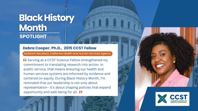 Black History Month graphic including Debra Cooper’s name, title, and a quote over a blue background of the Sacramento Capitol and featuring Debra’s headshot on the right side of the graphic. 