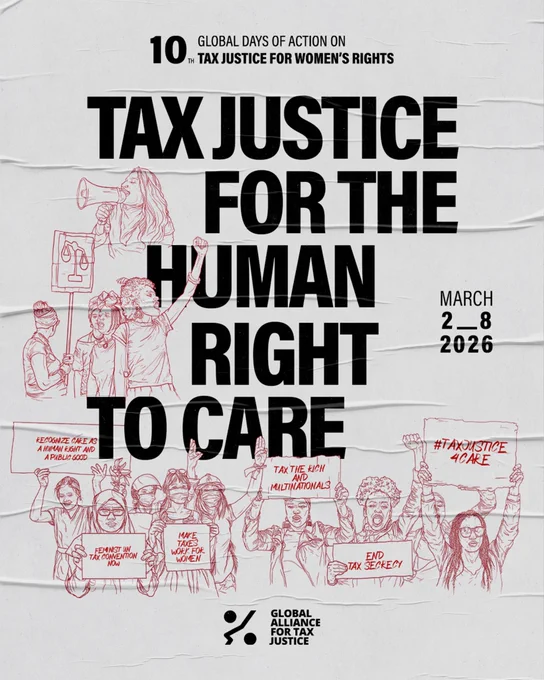 Photo of the campaign poster with the text "tax justice for the human right to care" and illustrations of people.