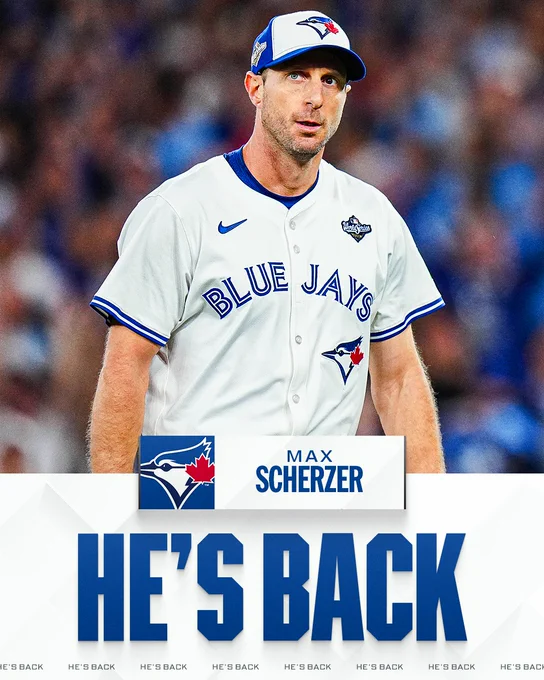 He's Back
Max Scherzer, Blue Jays
Pictured: Max Scherzer wears white Blue Jays uniform with a white and blue Blue Jays cap.
