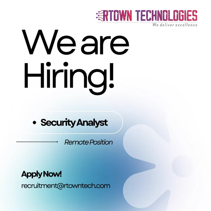 
💼 Type: Full-timeIf you’re passionate about cybersecurity and ready to grow in a fast-paced environment, this role is for you!

📩 Send your CV & Portfolio: recruitment@rtowntech.com

#RTownTechnologies #Hiring #SecurityAnalyst #CybersecurityJobs #RemoteJobs #FreshersHiring #TechCareers 🚀