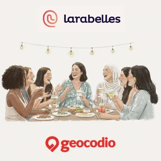 A group of people at a happy hour with the Larabelles and Geocodio logos