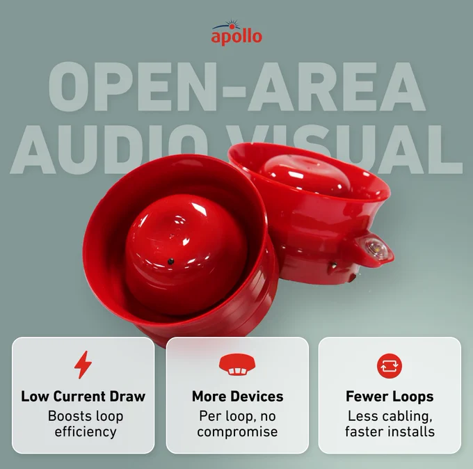 Two red open-area audio visual alarm devices on a gray background with Apollo branding and key features listed below.
