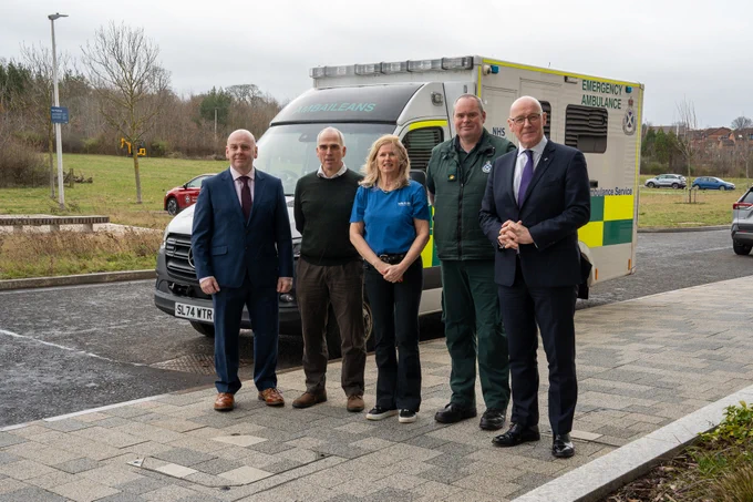 The First Minister with representatives from Save a Life for Scotland, Scottish Ambulance Service staff and cardiac arrest survivor John Sinclair.
