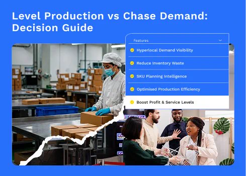 Graphic illustrating the difference between level production and chase demand approaches, showing diagrams or flows for each strategy and a title about the decision guide for supply chain planning.