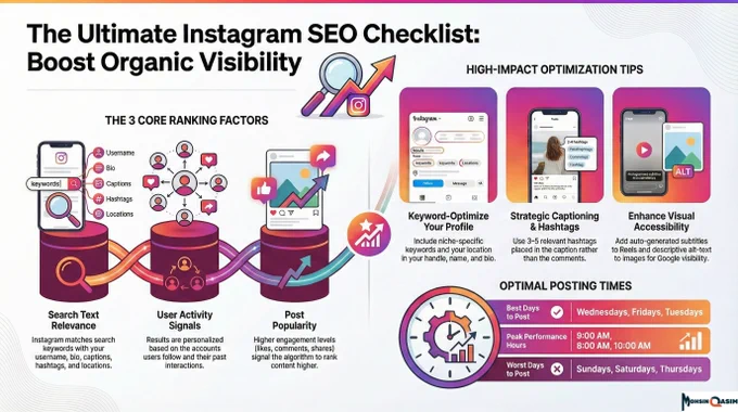 The Ultimate Instagram SEO Checklist." It shows the 3 core ranking factors: Search Text, User Activity, and Post Popularity. It also highlights the best posting times and tips for keywords and hashtags.