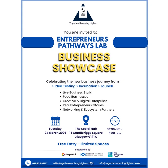 🚀 Join us for the Entrepreneurs Pathways Lab Business Showcase!

Discover new startups, meet inspiring entrepreneurs, and celebrate business journeys from idea to launch.

📅 24 March 2026
⏰ 10:30am–3pm
📍 The Social Hub, Glasgow

Free entry – all welcome!

#GlasgowEvents #WhatsOnGlasgow #GlasgowBusiness #GlasgowCommunity
#SupportLocalGlasgow #ScottishStartups #Entrepreneurship #StartupJourney
#SmallBusinessUK #WomenInBusiness #SocialEnterprise #CommunityImpact #NewBusinessLaunch #ShopLocalUK  #entrepreneurspathwayslab #entrepreneurship #mentorship #businesssupport