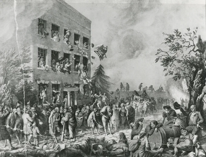 Lithographic print. A scene of disarray  - a large crowd gathered outside a three storey Georgian house on the left of the print. Small groups of people gathered at each window throwing objects down on to the ground. People in the crowd are helping themselves to belongings. A tree on the far right of the print. Beneath it, another group of people who appear drunk  -  a large opened barrel nearby. 
