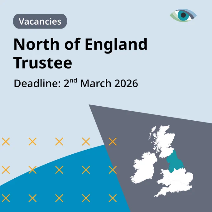 "Vacancies. North of England Trustee. Deadline: 2nd March 2026." Map of the UK, with the North of England highlighted in BIOS Teal shown within dark grey triangle, with overlapping orange crosses.