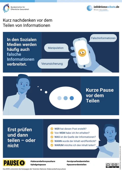 In den Sozialen Medien werden häufig auch falsche Informationen verbreitet. Kurze Pause vor dem Teilen! Erst prüfen und dann teilen - oder nicht!
WER hat diesen Post erstellt?
Von WEM habe ich ihn erhalten?
WAS ist die Quelle der Informationen?
WANN wurde der Inhalt veröffentlicht?
WARUM möchte ich den Inhalt teilen?
Kampagne vom Bundesinstitut für öffentliche Gesundheit zur Unterstützung der Kampagne der Vereinten Nationen. Bereitgestellt auf infektionsschutz.de