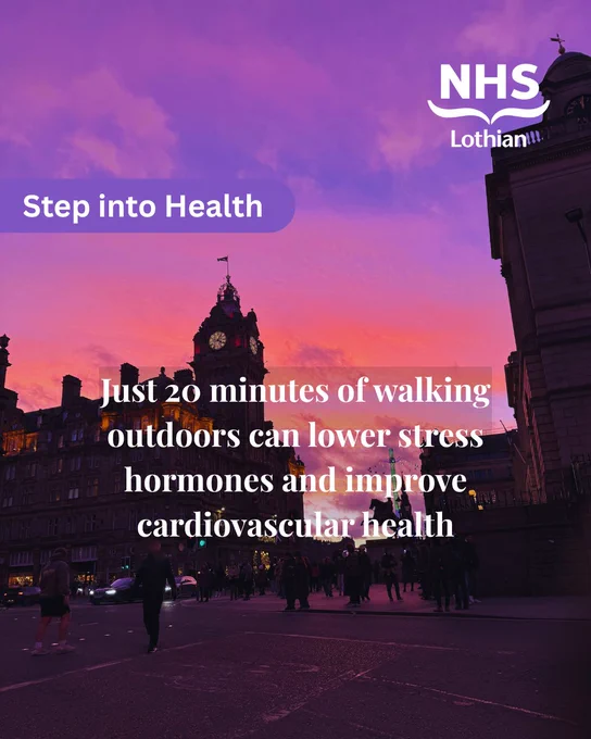 City street at sunset with people walking, promoting 20 minutes of outdoor walking to reduce stress and boost heart health.