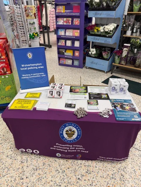 Police stall promoting the WMP ASB survey, WMNow and the offer of Crime Prevention.