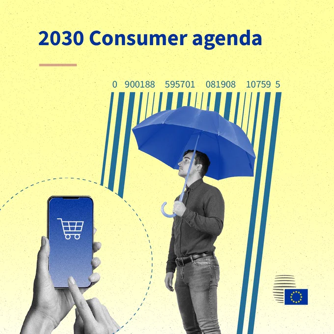 Square visual titled “2030 Consumer agenda” showing a person standing under a large blue umbrella beside a smartphone displaying a shopping trolley icon, suggesting consumer protection. 