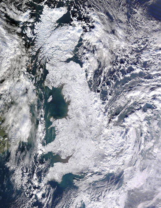 satellite image of snow covered Britain from 2010