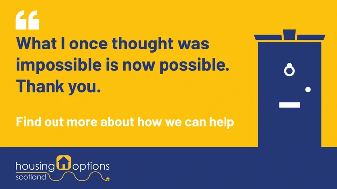 Image shows a blue front door against a yellow background and the text on the card reads: "What I once thought was impossible is now possible, thank you" Find out more about how we can help 