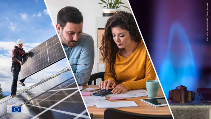 3 photos showing solar panel installation on a rooftop, two people sitting at table counting and looking at bills and a close up on a kitchen gas hob.