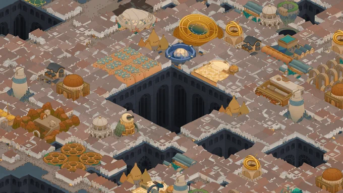 A screenshot of our game, Amberspire, with no UI. A large city has expanded outwards from the central chasm and initial settlement, and now has a large number of residents in all directions. Larger buildings sit among the residential ones; these are dice, terrain, and market buildings, and will generate resources, manage weather tiles, and produce influence for the city, respectively. 