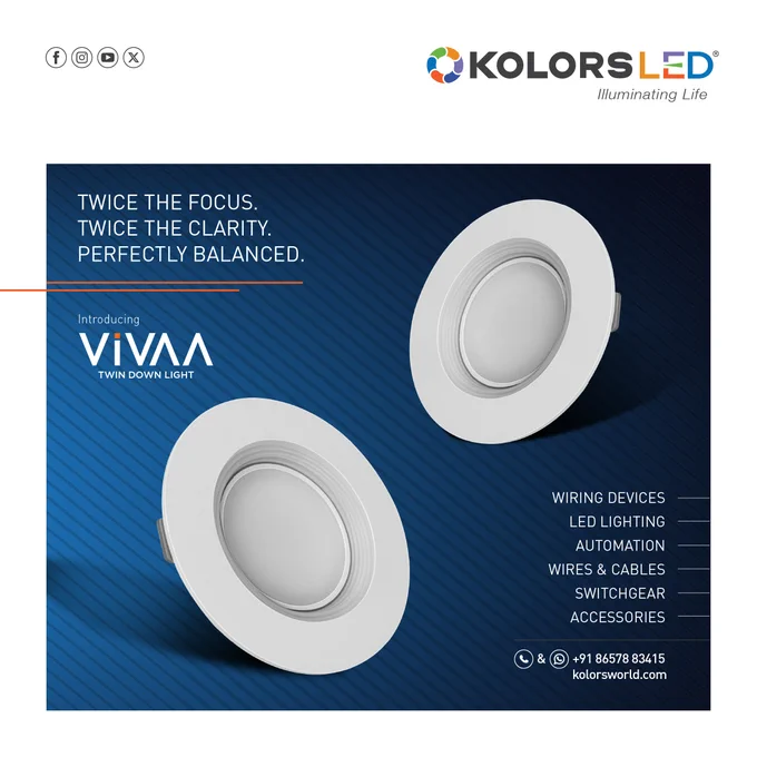 Kolors LED ViVAA Twin Down Light recessed ceiling fixtures displayed on a blue background, showcasing twin beam glare free lighting design for modern interiors, architectural ceiling lighting, LED downlight category, and premium indoor lighting solutions.