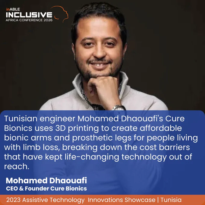 Portrait of Mohamed Dhaouafi, CEO of Cure Bionics, promoting affordable 3D-printed bionic limbs for people with limb loss.