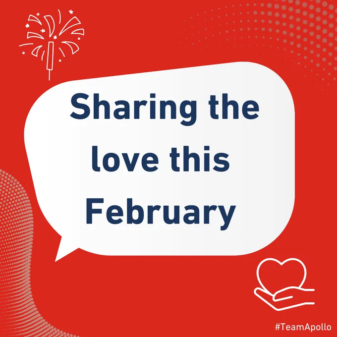 Red background with a white speech bubble saying 'Sharing the love this February' and small heart and fireworks icons.