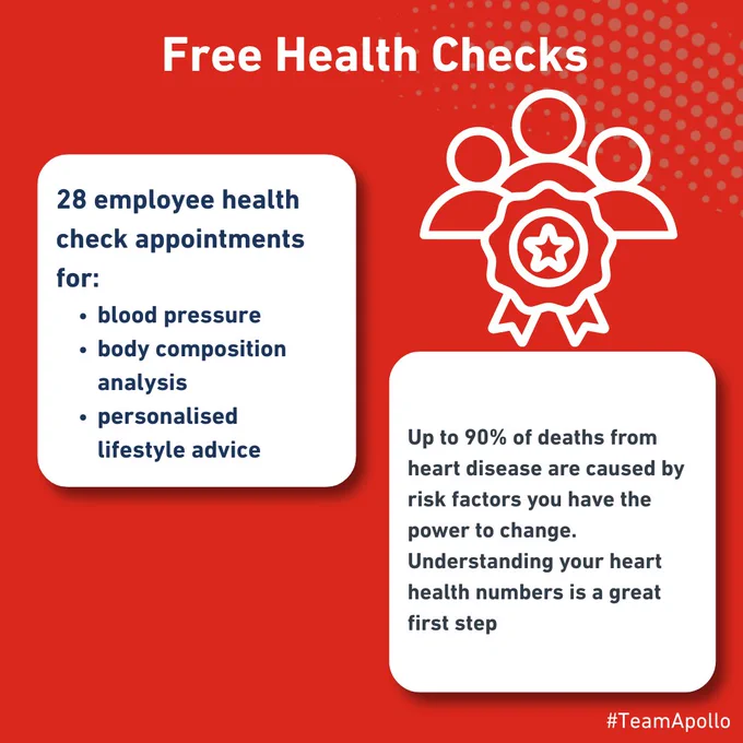 Graphic promoting 28 free employee health checks including blood pressure and lifestyle advice.