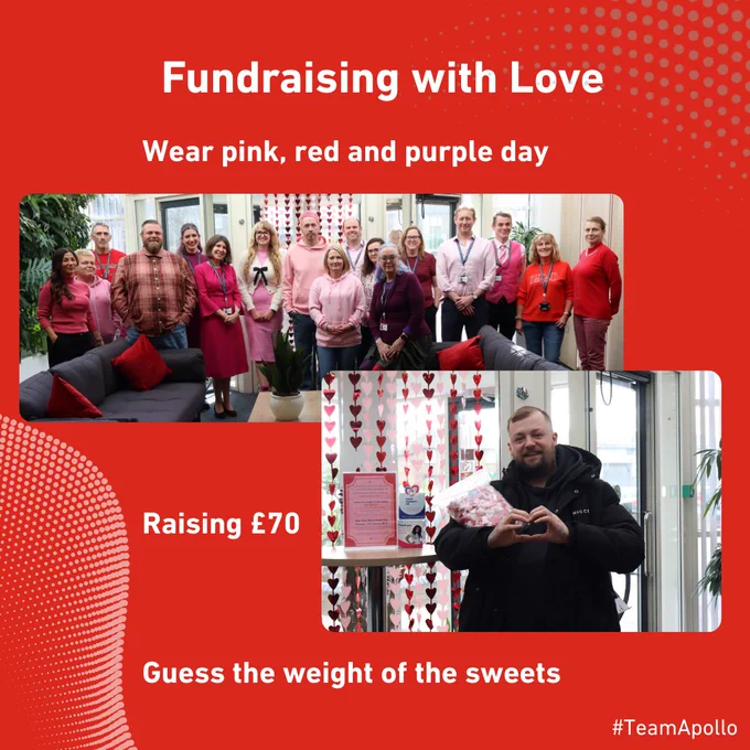 Group of people dressed in pink, red, and purple for a fundraising event supporting Team Apollo.
