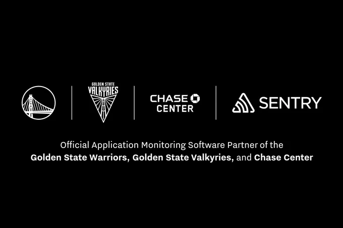 Partnership announcement graphic on a black background featuring four white logos in a row — Golden State Warriors, Golden State Valkyries, Chase Center, and Sentry — with text below reading 'Official Application Monitoring Software Partner of the Golden State Warriors, Golden State Valkyries, and Chase Center.'