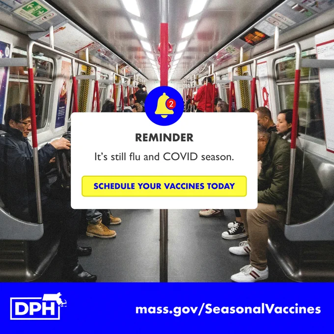 A reminder that says "it's still flu and COVID season"