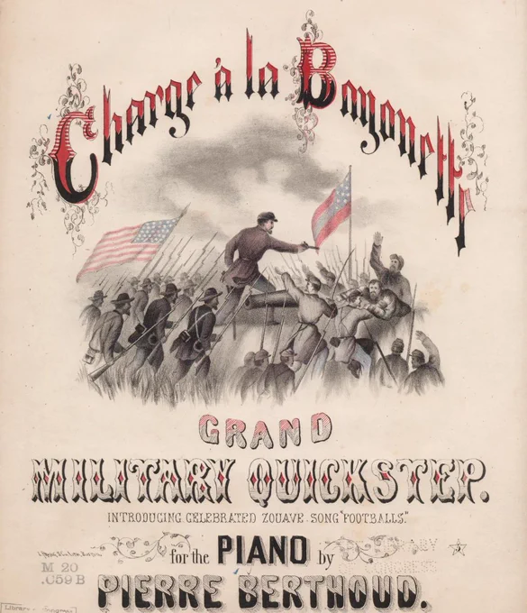 “Charge à la Bayonet: A Grand Military Quickstep of Union Fury”

Composed by Pierre Berthoud and published in Boston in 1863, Charge à la Bayonet, Grand Military Quickstep captures the aggressive momentum of Union battlefield assaults. Its vivid illustrated cover depicts soldiers advancing under raised flags, embodying martial resolve. Associated with the 39th Massachusetts Infantry, this piano quickstep transformed combat energy into stirring parlor performance, blending patriotic imagery with driving march rhythms that echoed the intensity of Civil War campaigns.