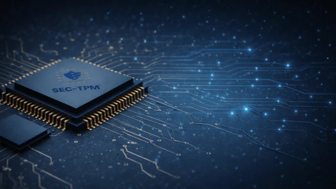 Dark blue background of a motherboard with a photorealistic image of a chip with the SEC-TPM Shield logo on it.