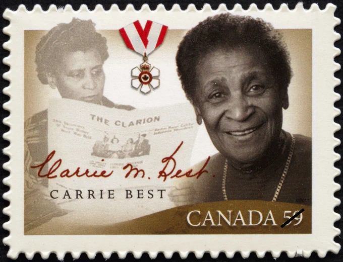 A stamp portraying a young Carrie Mae Best reading her newspaper, The Clarion, and an older Carrie Mae Best smiling at the camera. The stamp also features the order of Canada.