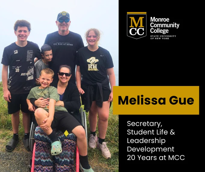 A group of people is gathered outdoors. Two individuals are seated, with one in a wheelchair. They are all smiling. The group is wearing casual clothing. Next to them is a sign that reads "Monroe Community College, State University of New York." The text also mentions "Melissa Gue, Secretary, Student Life & Leadership Development, 20 Years at MCC."