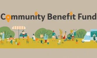 Illustrated banner showing people working and socialising outdoors with trees, plants, and market-style stalls. The text “Community Benefit Fund” appears above the scene.