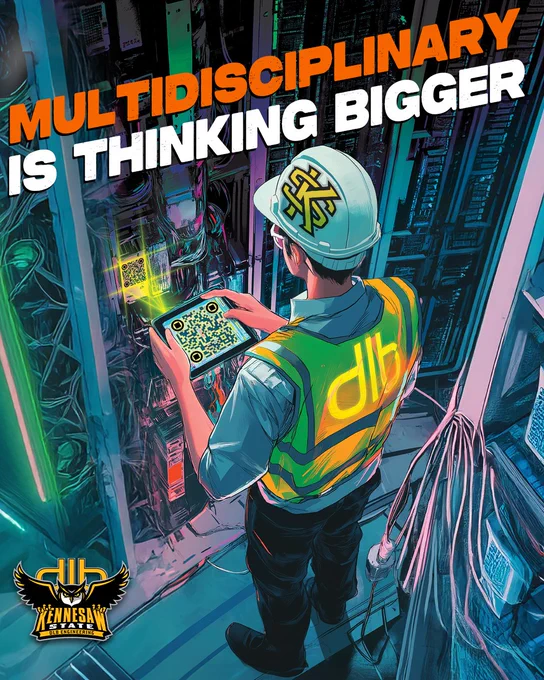 Illustrated graphic of a field services engineer standing inside a data center server aisle. The engineer wears a white hard hat with the Kennesaw State University logo and a high-visibility vest with a glowing DLB logo on the back. He holds a tablet displaying a QR code while scanning equipment inside a server rack. The background features illuminated servers, cables, and cooling infrastructure in teal and blue tones. Large headline text at the top reads “Multidisciplinary Is Thinking Bigger.” The Kennesaw State Engineering logo appears in the lower corner.